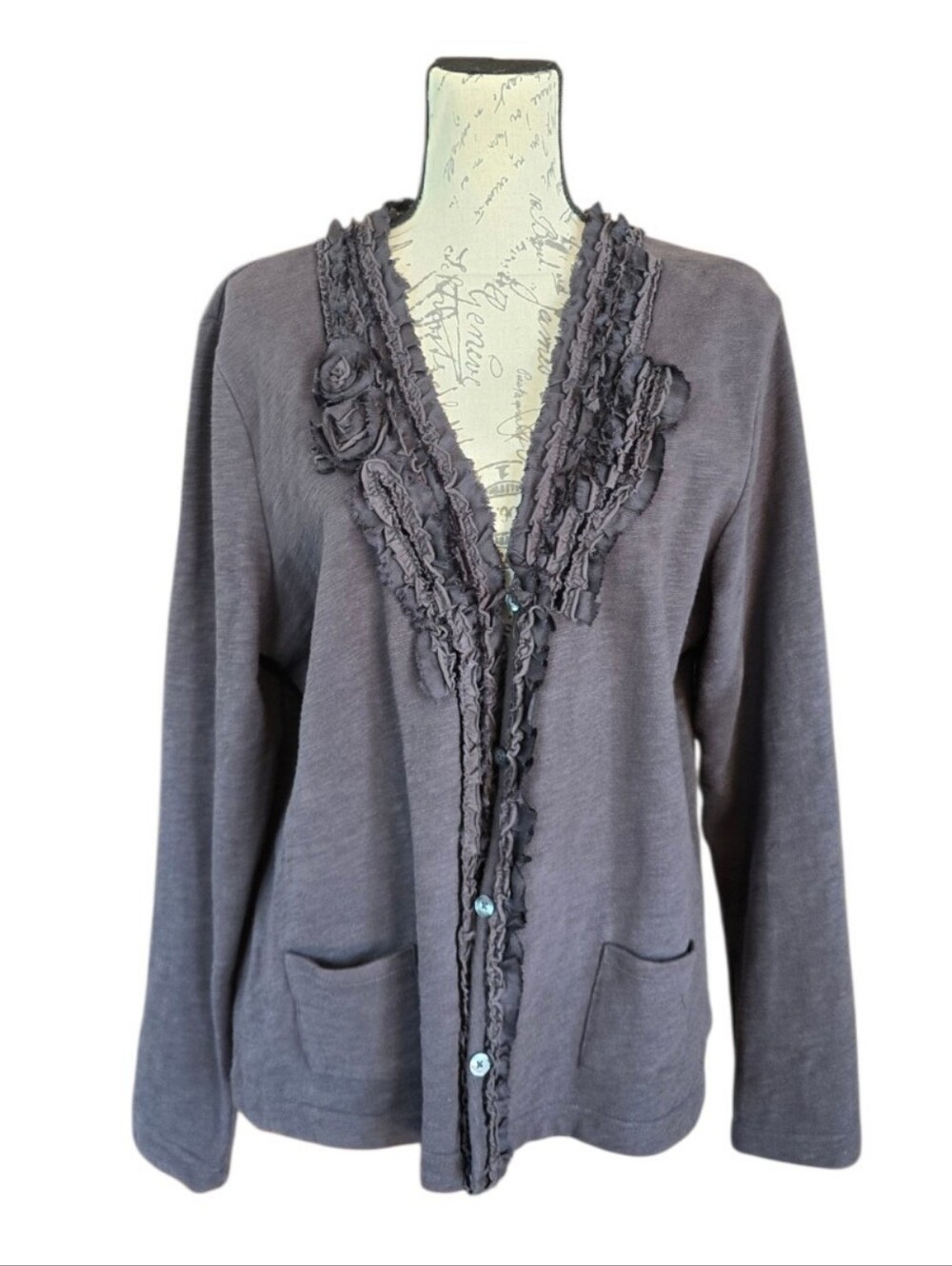Eddie Bauer Ruffle Front Dark Gray Knit Button Cardigan XL